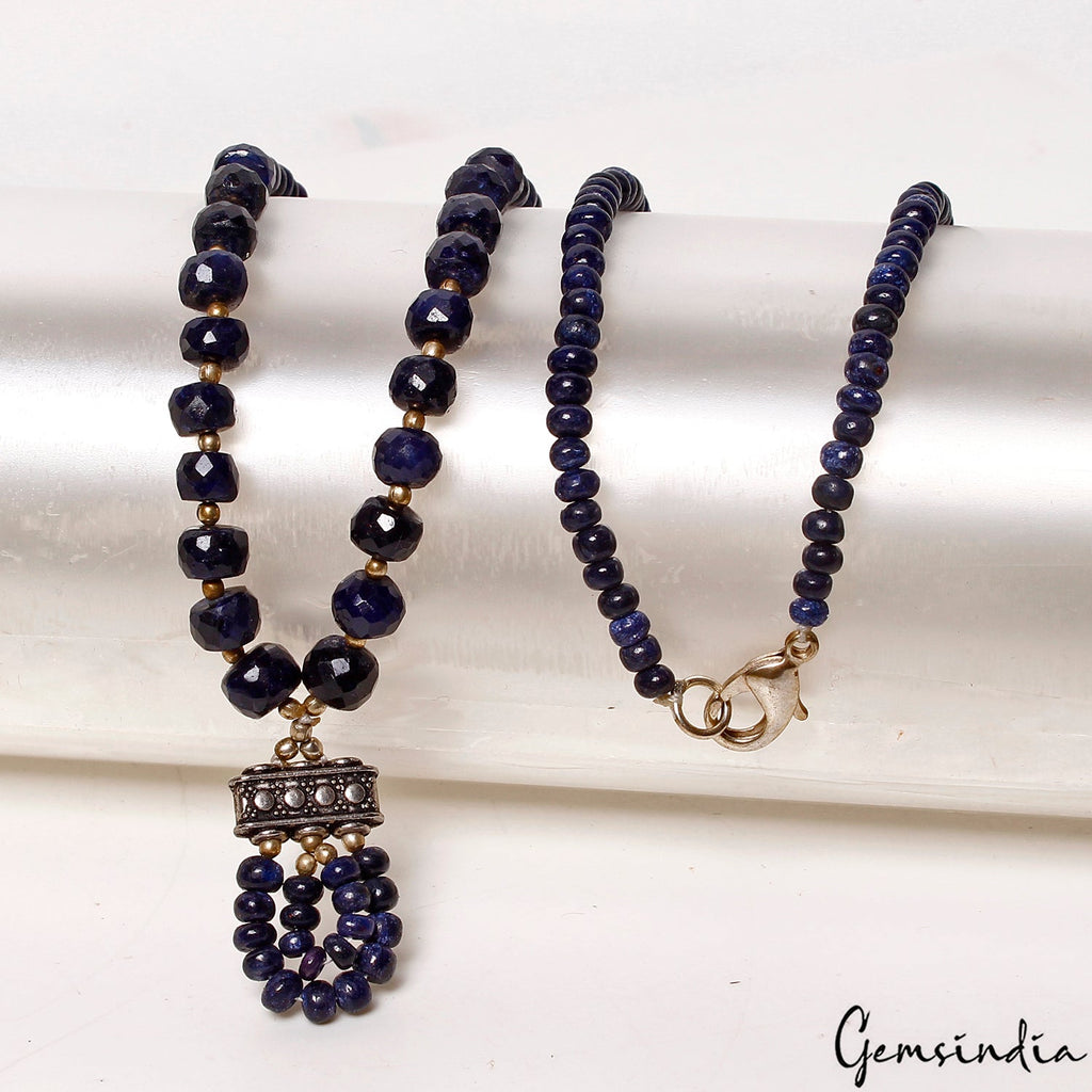 Handmade 21" Natural Sapphire Gemstone Beaded Blue Necklace for Women ~ 160.40Ct