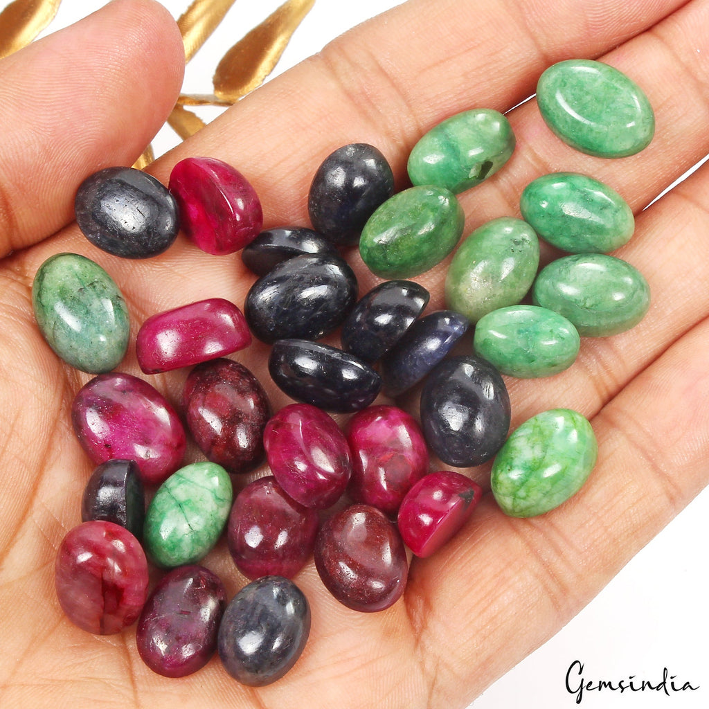 Certified 300 Ct Natural Ruby Emerald Sapphire Oval Cabochon Loose Gemstones Lot