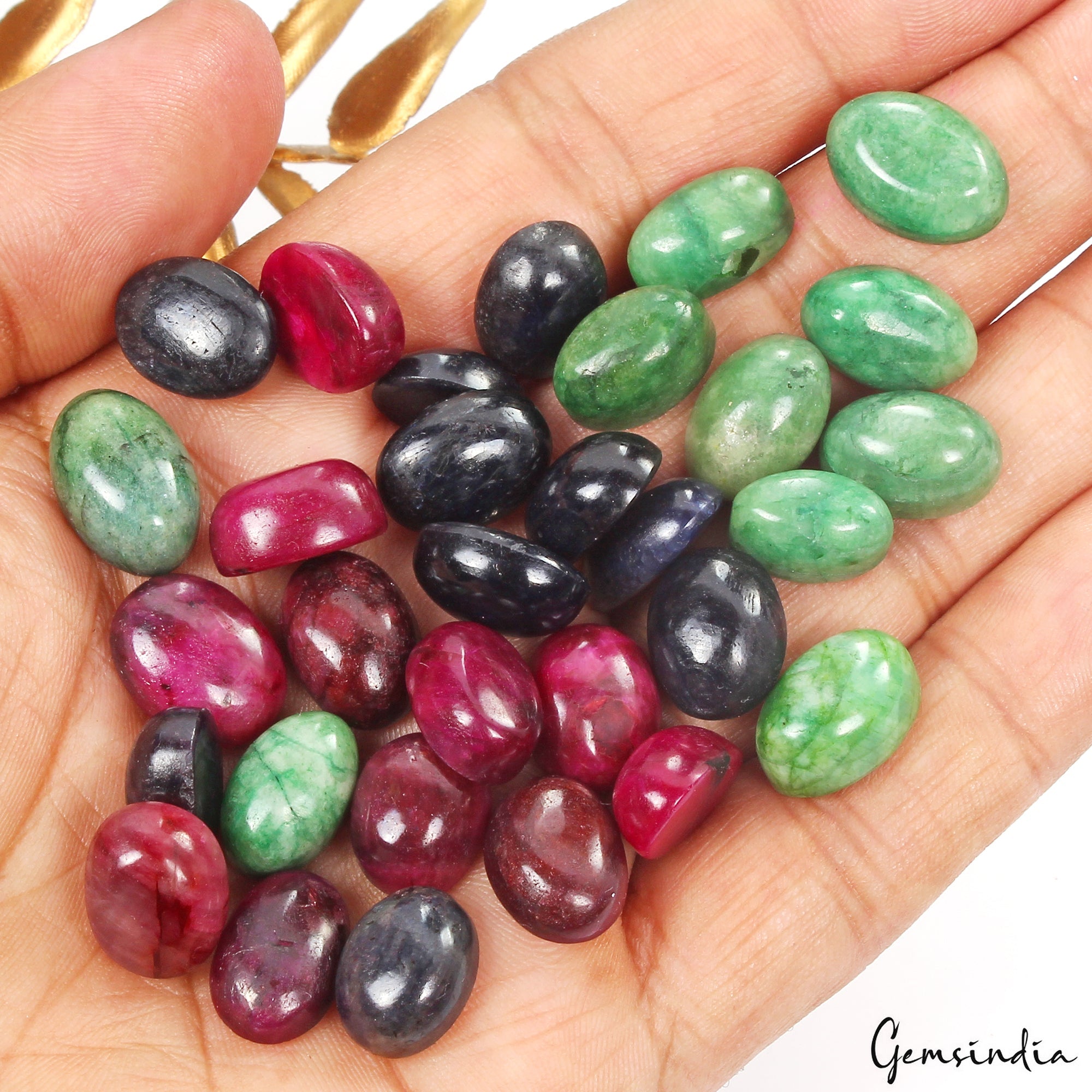 Certified 300 Ct Natural Ruby Emerald Sapphire Oval Cabochon Loose Gemstones Lot