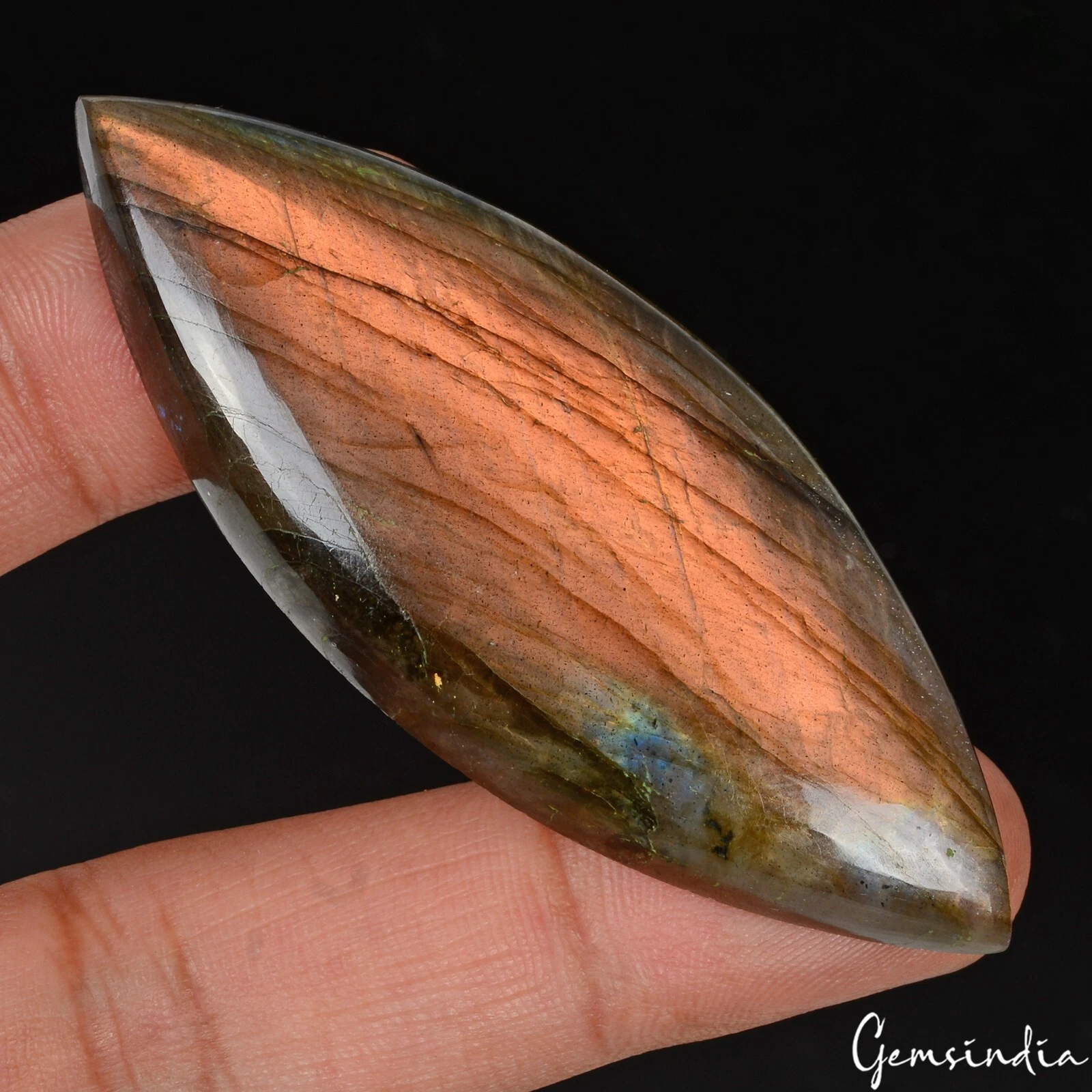 Certified 130 Cts Natural Labradorite Peach Fire Marquise Cab Gemstone 70x27mm