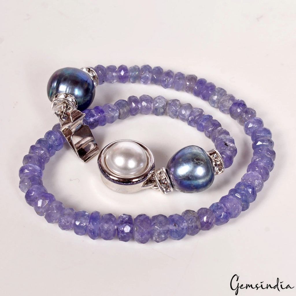 54.85Ct Natural Untreated Blue Tanzanite Pearl Round Beaded Handmade Bracelet 8