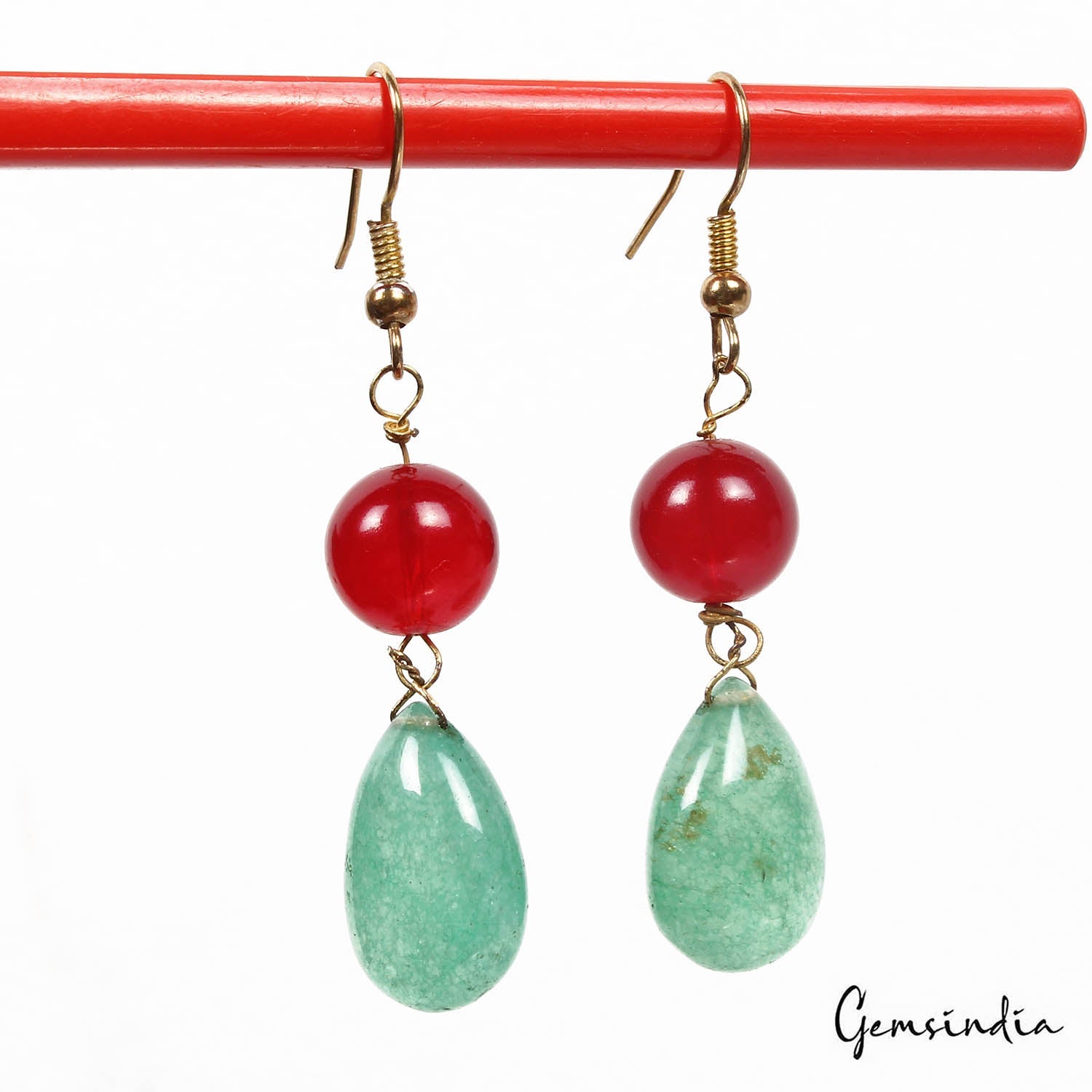 41.80 CtsNatural Green Red Onyx Gems Handmade Pair of Earring 2" Christmas Sale