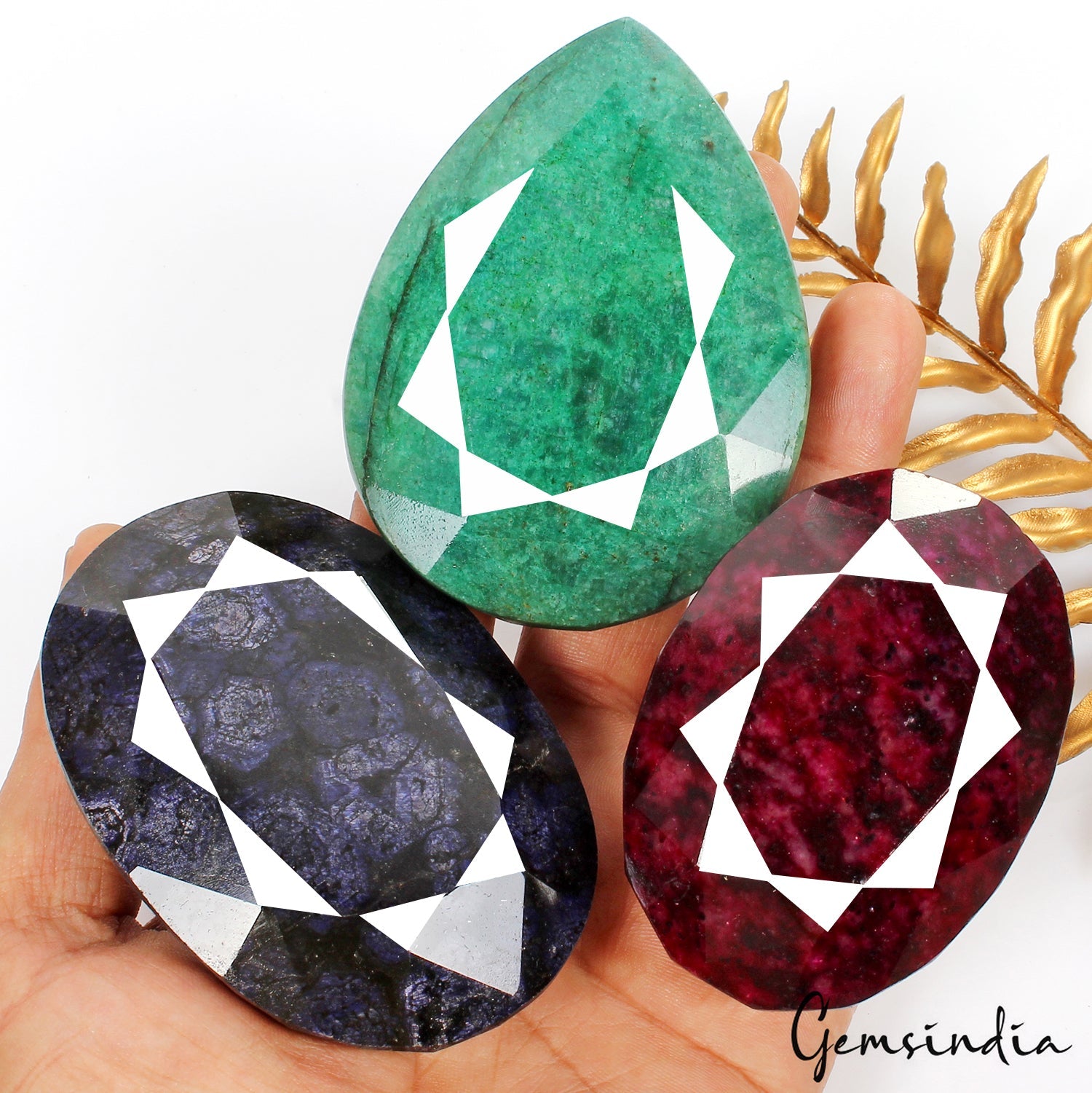 3020 Ct/3 Pcs Natural Multi Color Emerald Ruby Sapphire Mixed Cut Huge Gems Lot