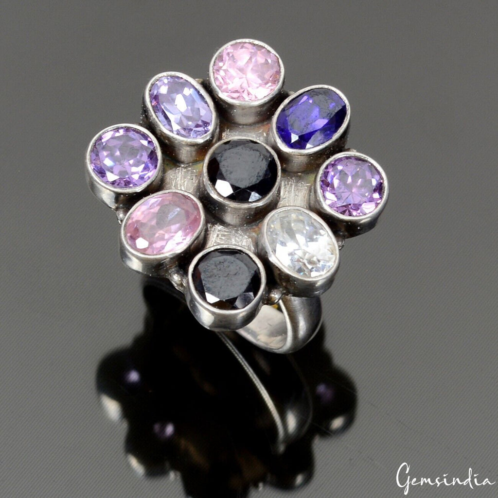 925 Sterling Silver Multi Color Cubic Zirconia Flower Motif Cocktail Ring~8.5 US
