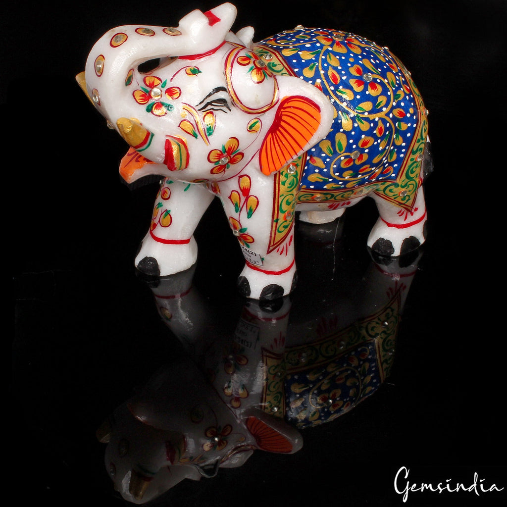 5.2" White Marble Elephant Statue Indian Handmade Home Decor Sculpture ~ 1.6 Kg