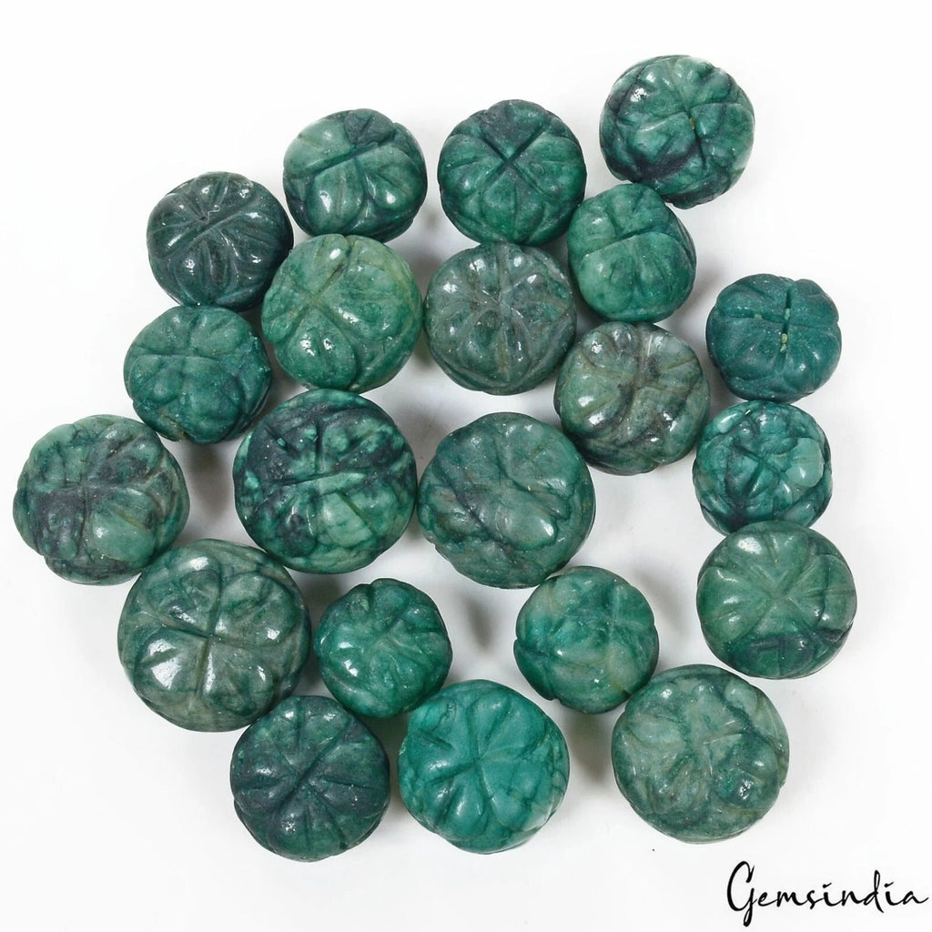 460 Cts/21 Pcs Natural Green Emerald Round Pumpkin Carved Drilled Bead Gems Lot