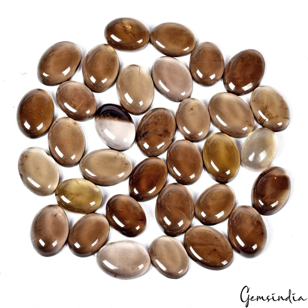 33 Pcs Natural Smoky Quartz 15mm-18mm Oval Cabochon Flatback Loose Gemstones Lot
