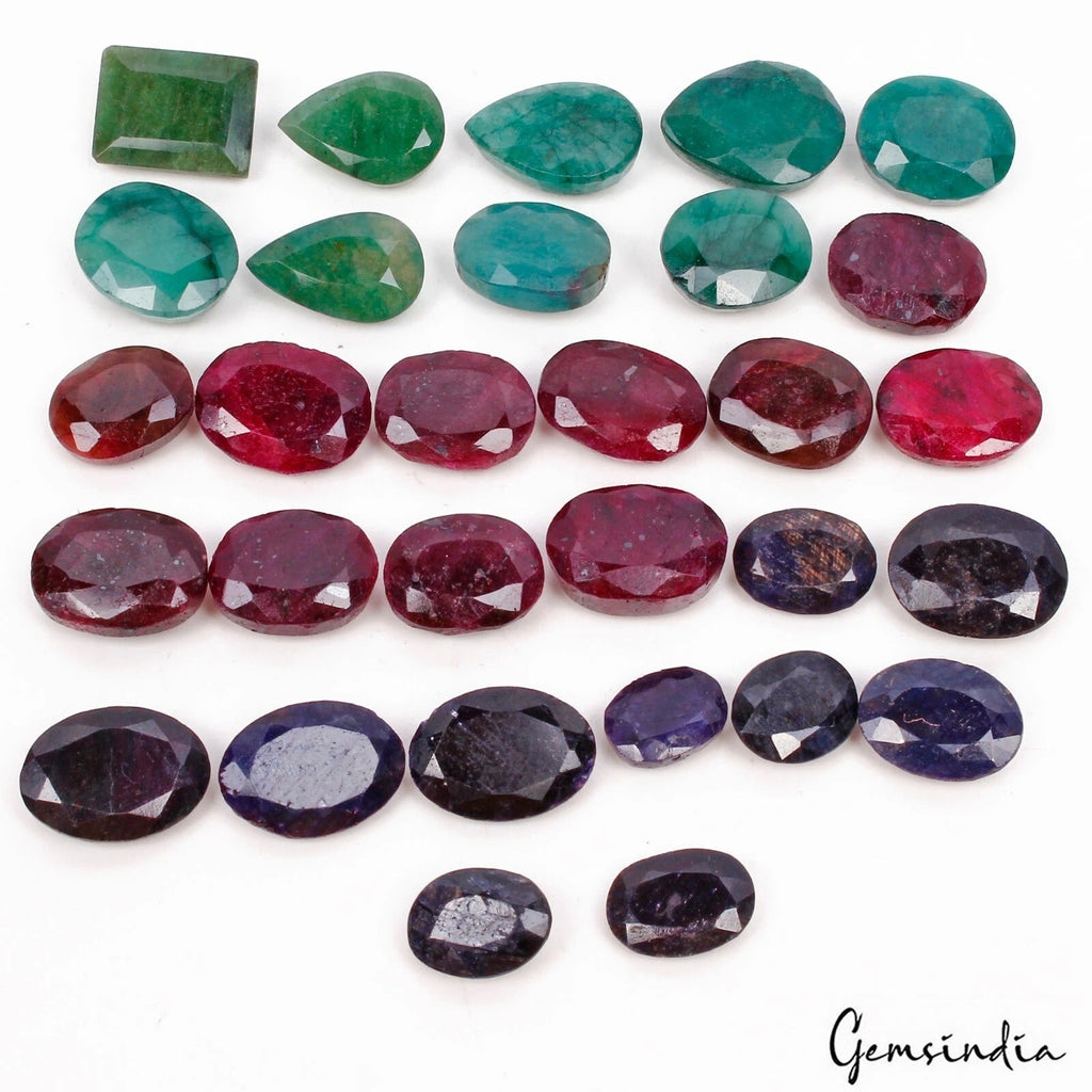 Certified 450 Cts/30 Pcs Natural Multi Color Ruby Emerald Sapphire Mix Cut Gems