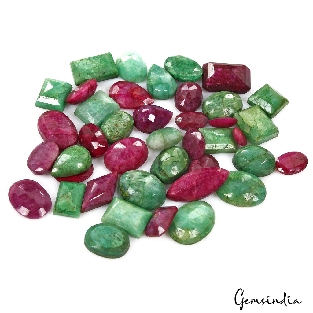 670 Cts/41 Pcs Natural Red Beryl Green Emerald Mixed Cut Loose Gems For Jewelry