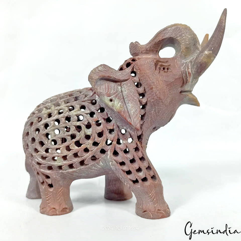 1680 Cts Hand-Carved Soapstone Elephant Sculpture - Trunk Up Good Luck Figurine