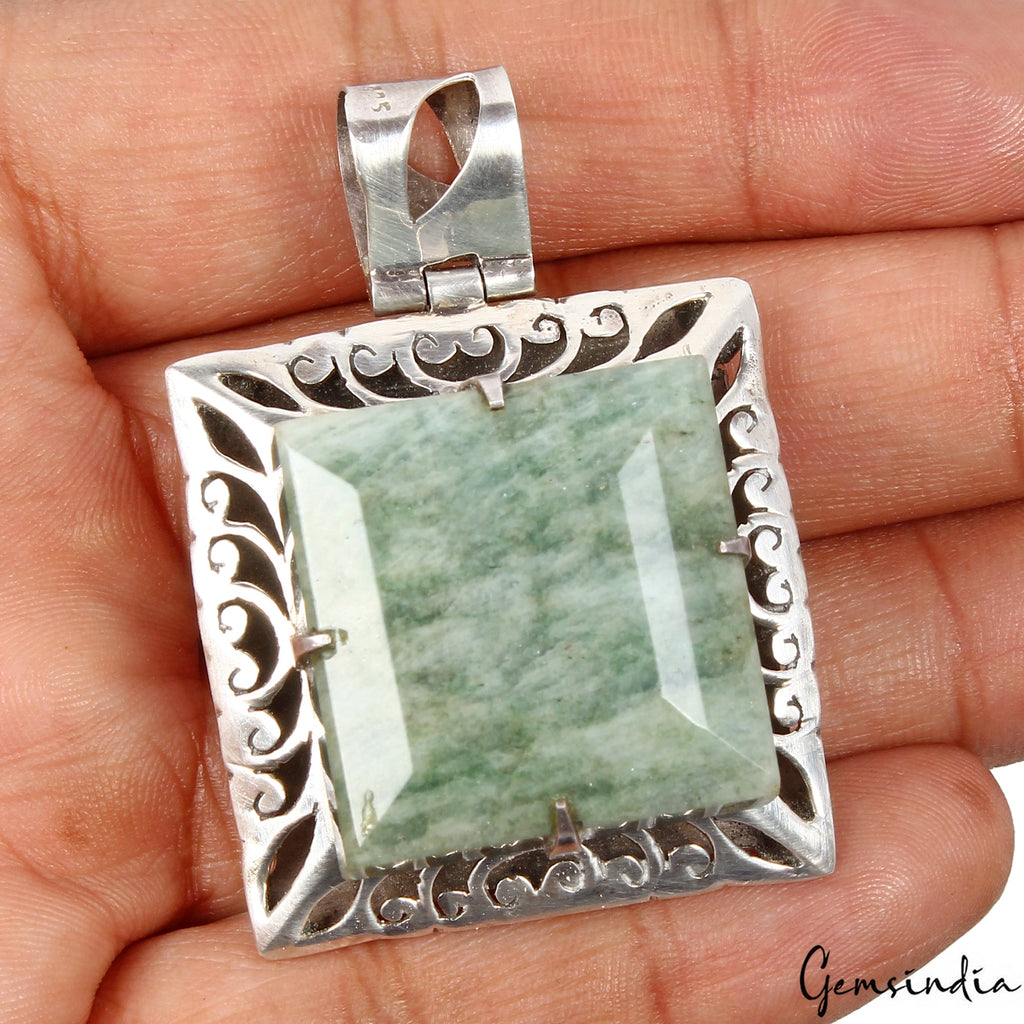 29.41 Gm Natural Green Emerald 925 Sterling Silver Hand Crafted Square Pendant
