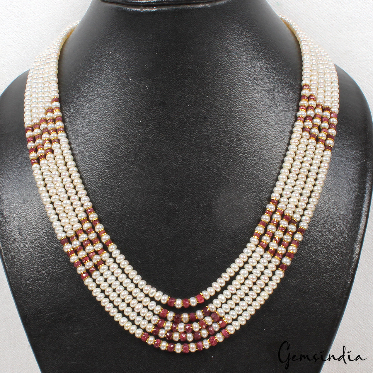 320 Ct Freshwater Pearl & Red Ruby Round Cab Beaded 5 strand Adjustable Necklace