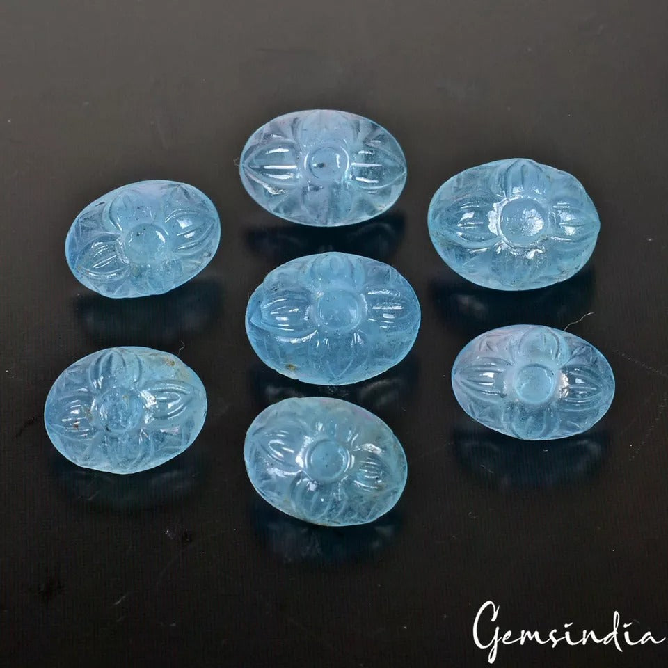 17.20 Ct/7 Pcs Natural Untreated Blue Aquamarine Oval Hand Carved Loose Gems Lot