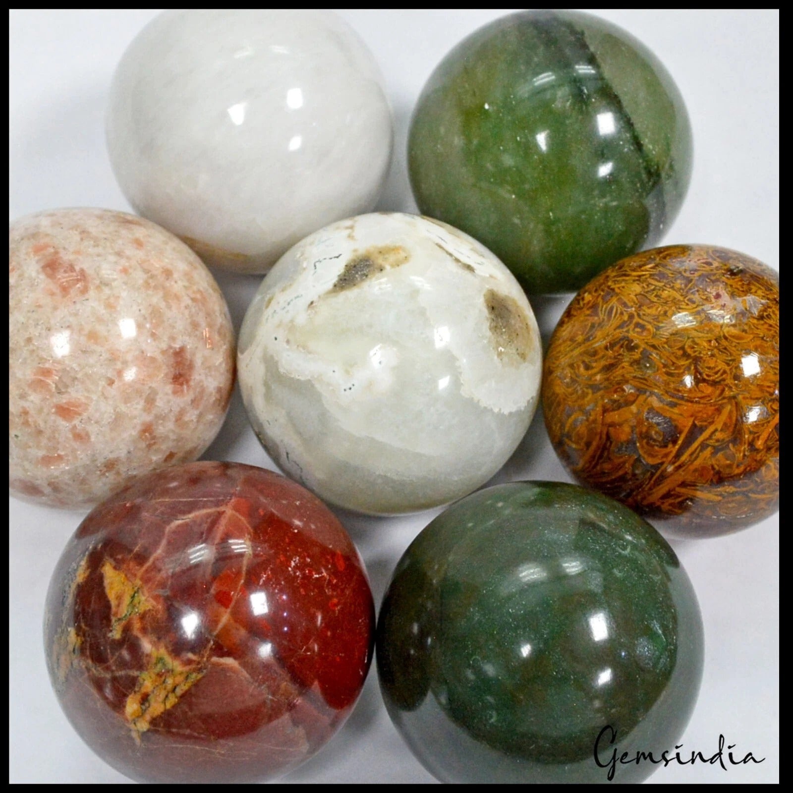 Multi-Gemstone Sphere, Untreated — 7 Pieces, 55mm to 57mm, 1.78 Kg (8900 Ct)