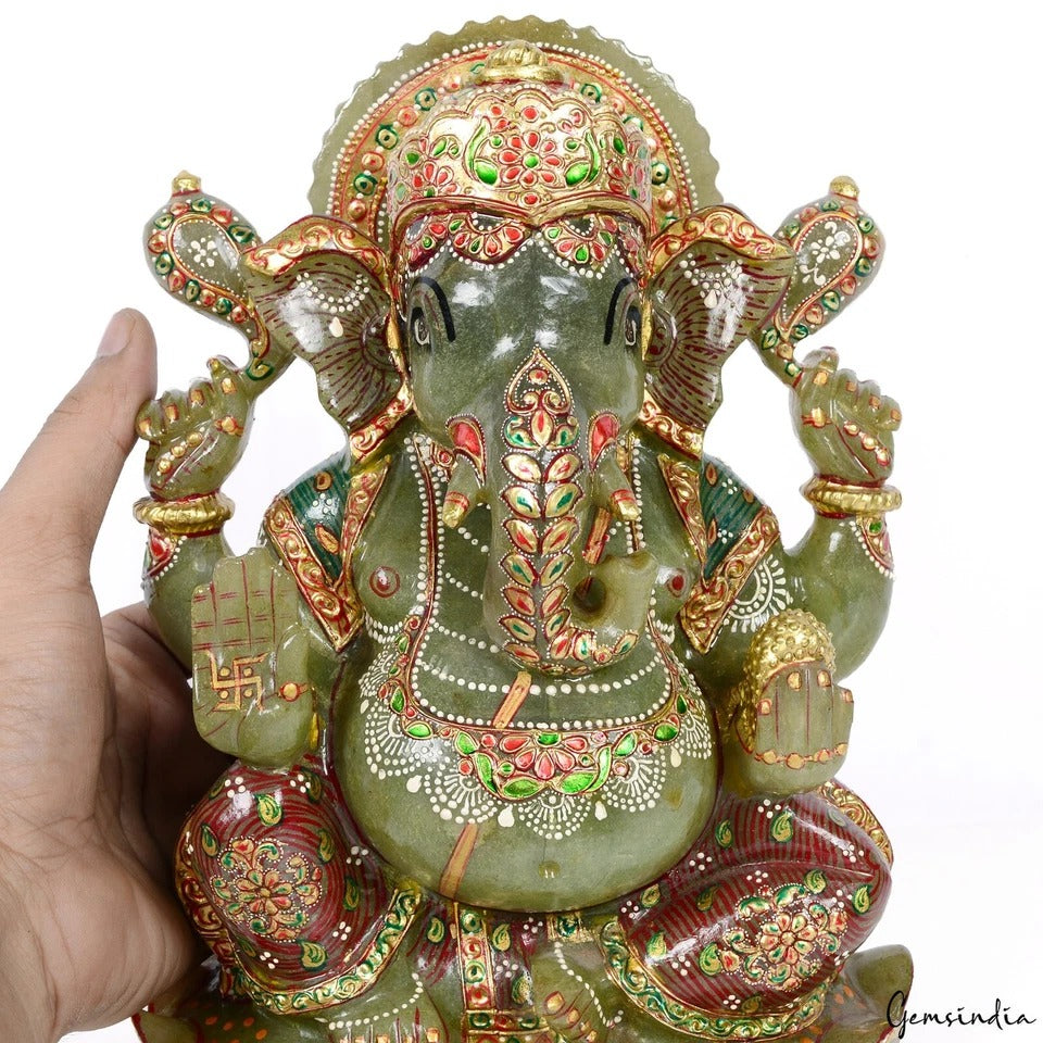 5.1 Kg Natural Aventurine Singlestone Carved Lord Ganesha Gold Paint Sculpture