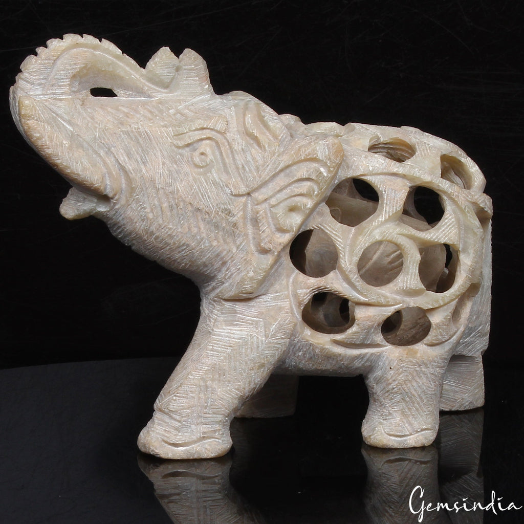 1040 Ct Soapstone Trunk Up Elephant Statue Animal Baby inside Tummy Sculpture 3"