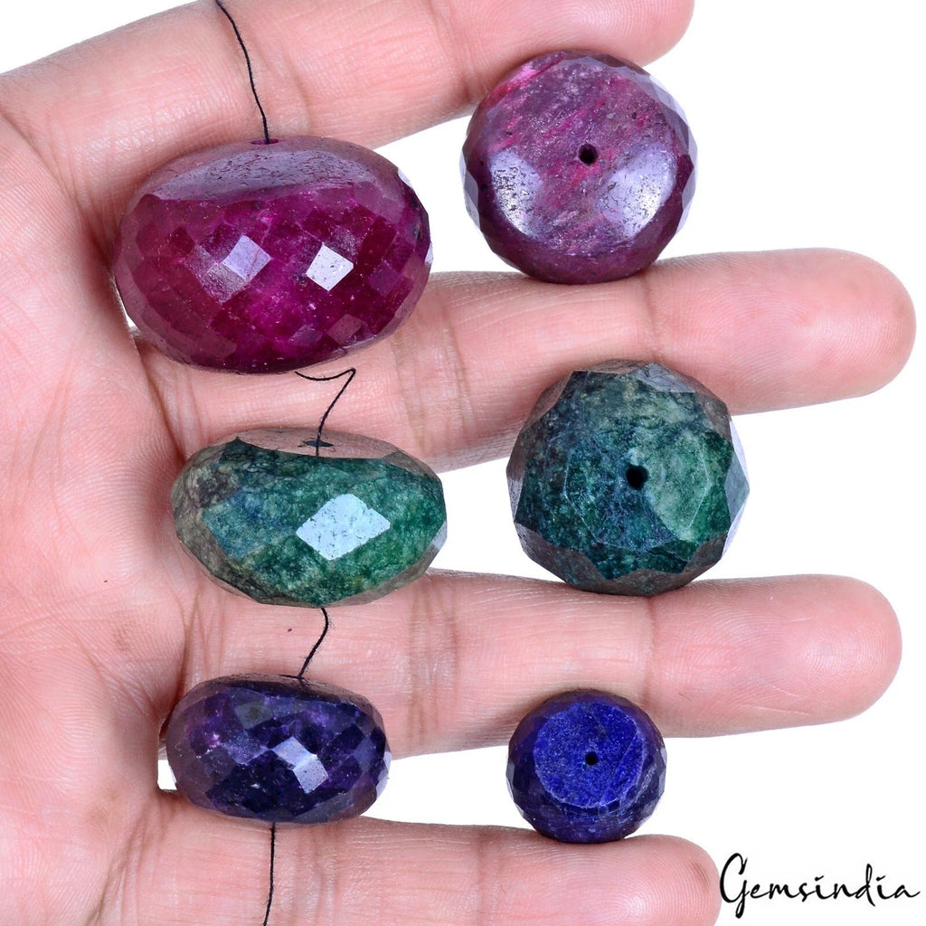 647 Ct/6 Pc Natural Ruby Emerald Sapphire Round Cut Loose Drilled Gemstone Beads