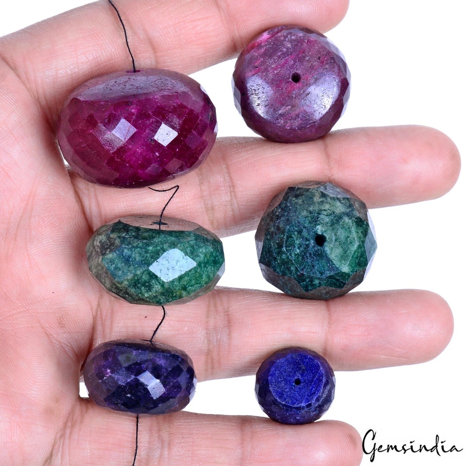 647 Ct/6 Pc Natural Ruby Emerald Sapphire Round Cut Loose Drilled Gemstone Beads