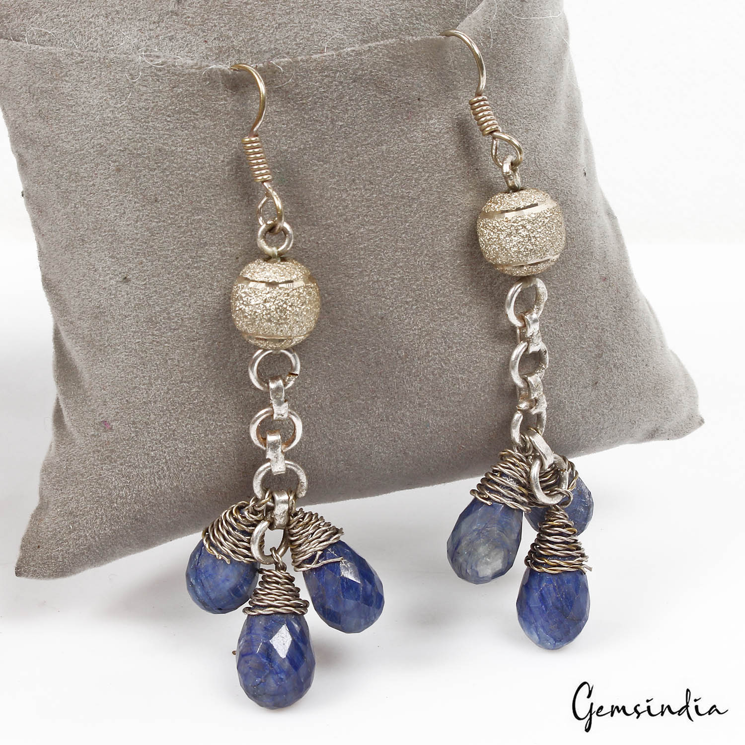 87 Cts Natural Blue Sapphire Pear Beaded Drop/Dangler Earring 3" Christmas Sale