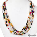 400 Ct Natural Multi Gems Baguette Cut Beads 6Layer Necklace w Golden Pearl Lock