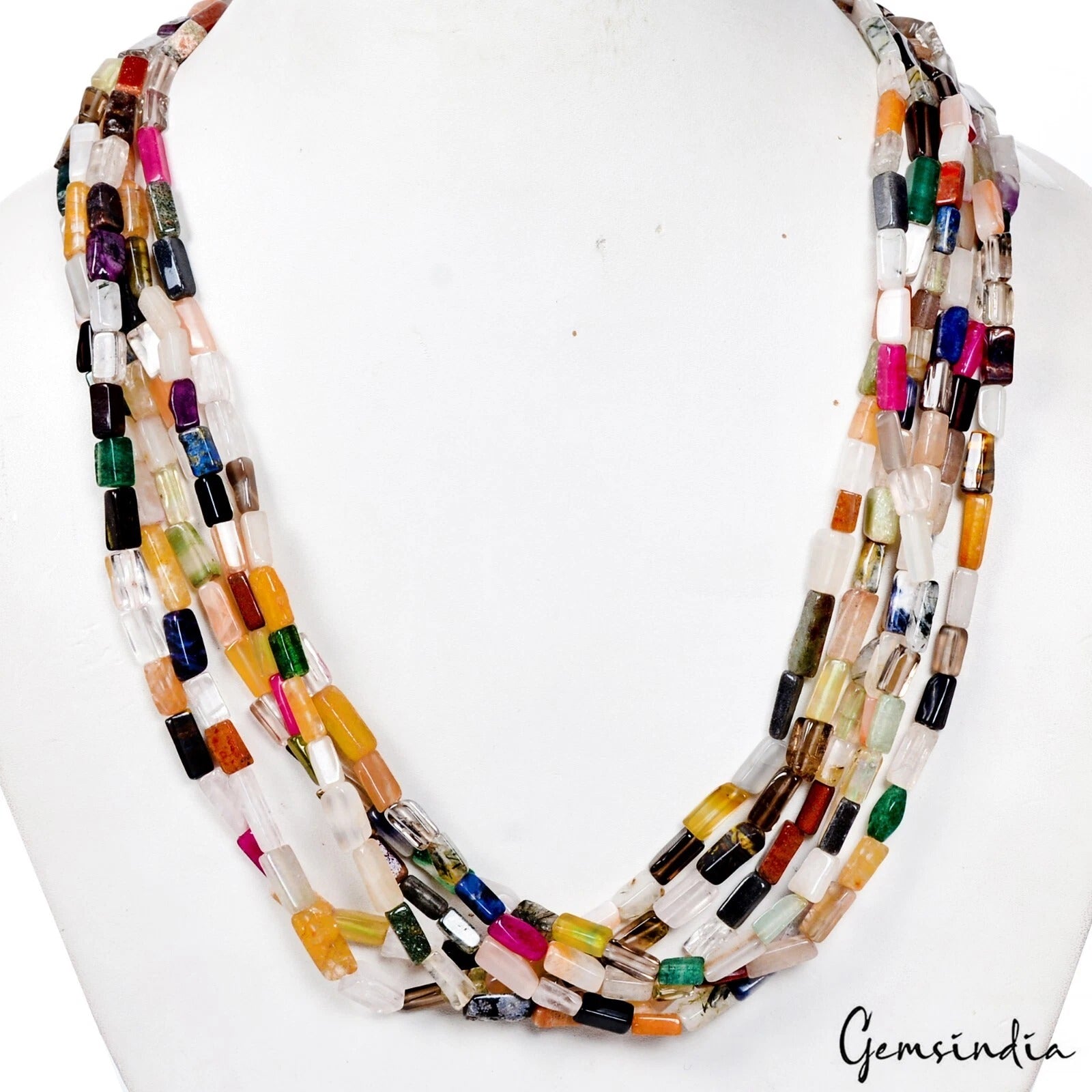 400 Ct Natural Multi Gems Baguette Cut Beads 6Layer Necklace w Golden Pearl Lock