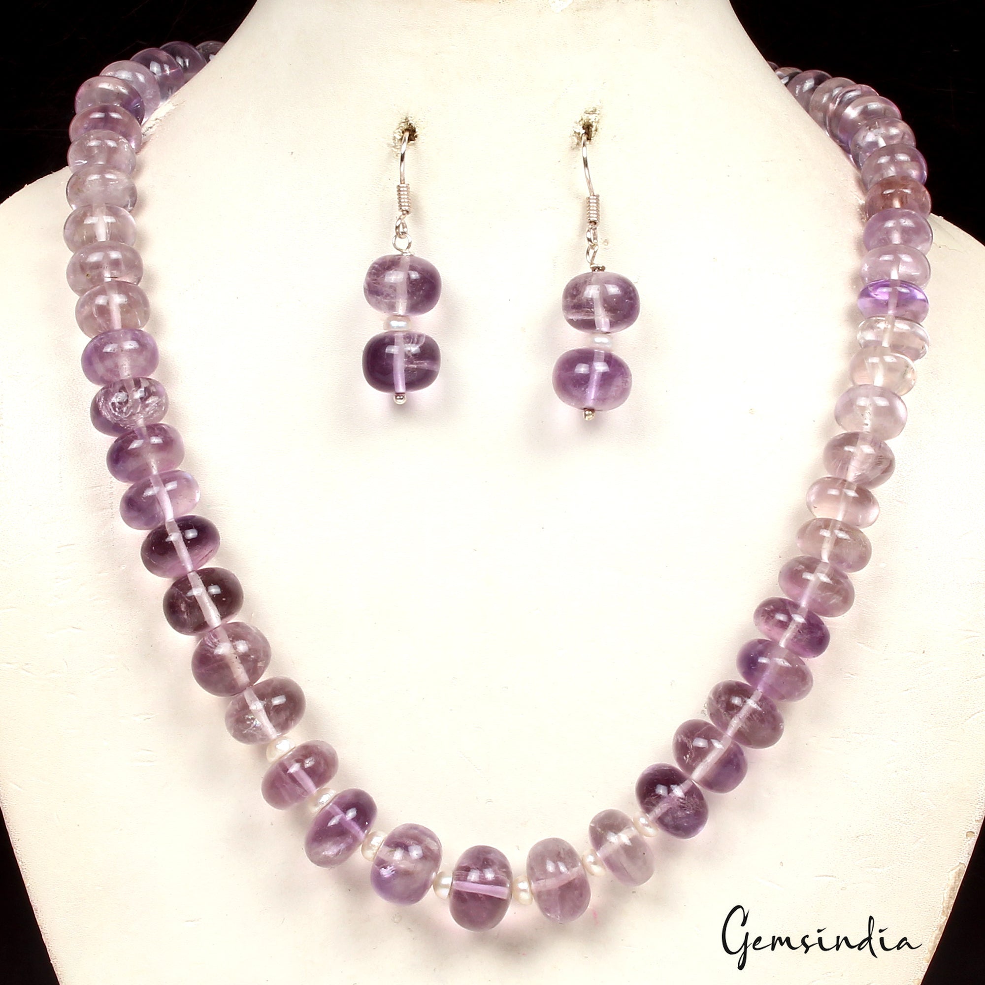 595.50 Ct Pearl & Purple Amethyst Round Beaded Handmade 19" Necklace & Earrings