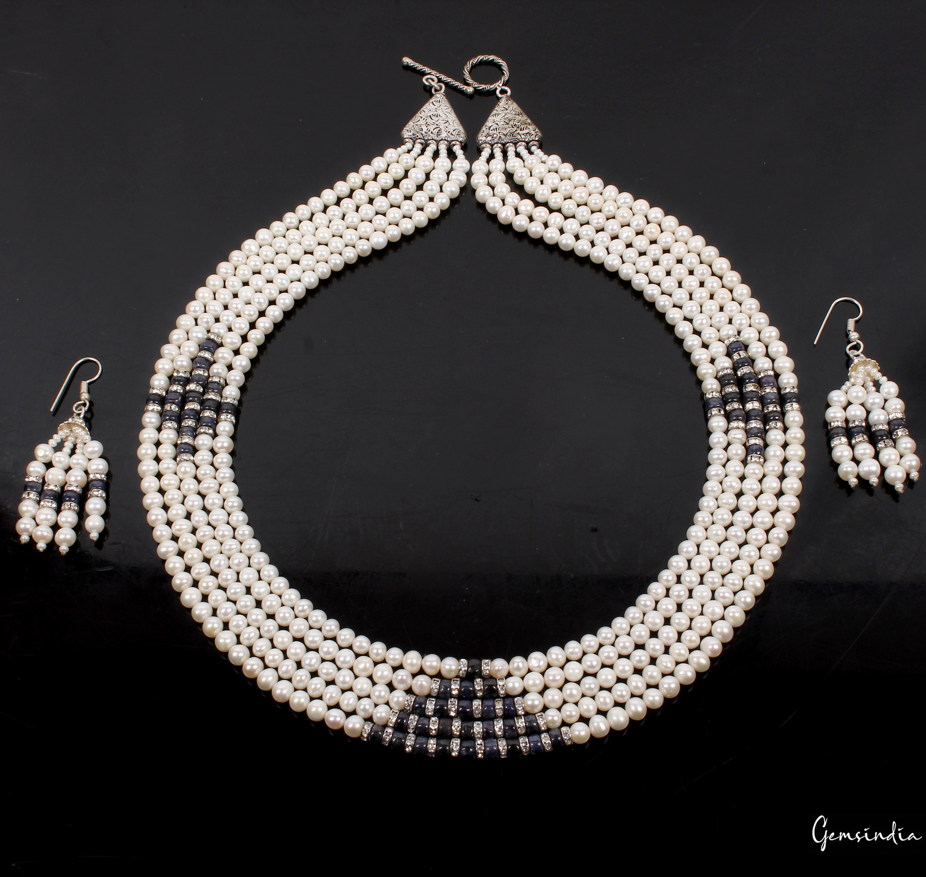 800 Ct Pearl & Sapphire Beaded Handmade 5 Strand Necklace Jewelry With Earrings