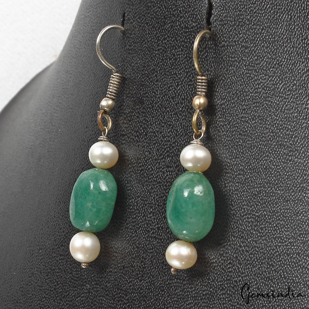 30.80 Cts Pearl & Emerald Handmade Pair of Earring Silver Earwire 1.7" Christmas