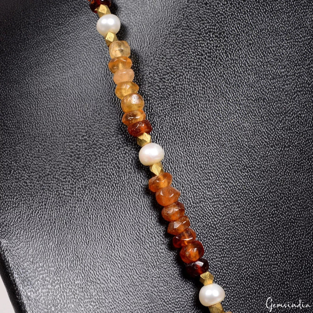 150 Ct Untreated Hessonite Garnet & Pearl Round Cut Bead Handmade Necklace 20"