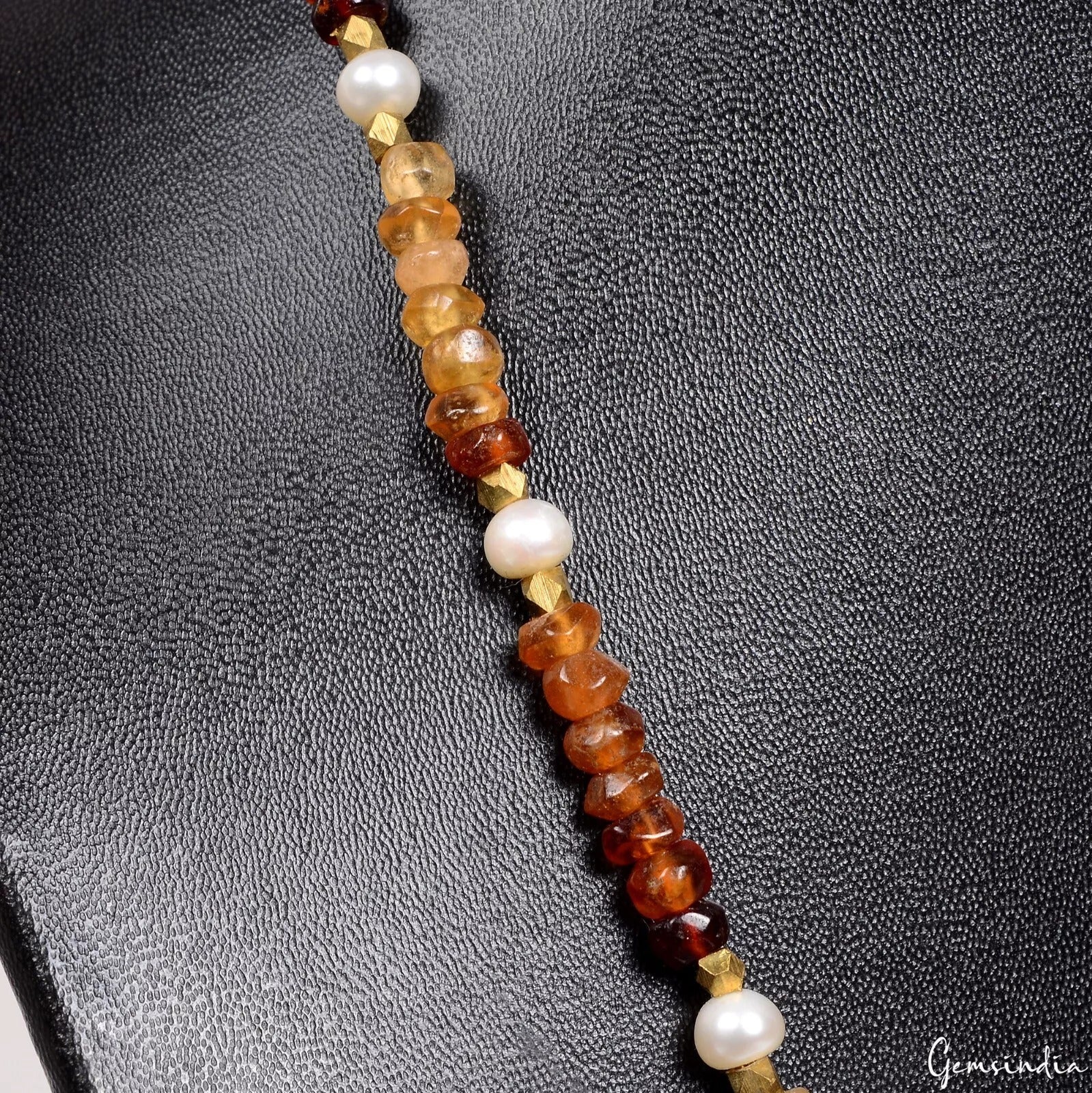 150 Ct Untreated Hessonite Garnet & Pearl Round Cut Bead Handmade Necklace 20"