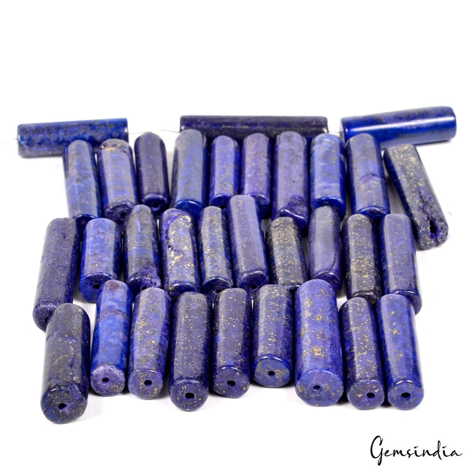 770 Ct/32 Pcs Natural Blue Lapis Lazuli Tube Shape Drill Spacer Gems For Jewelry