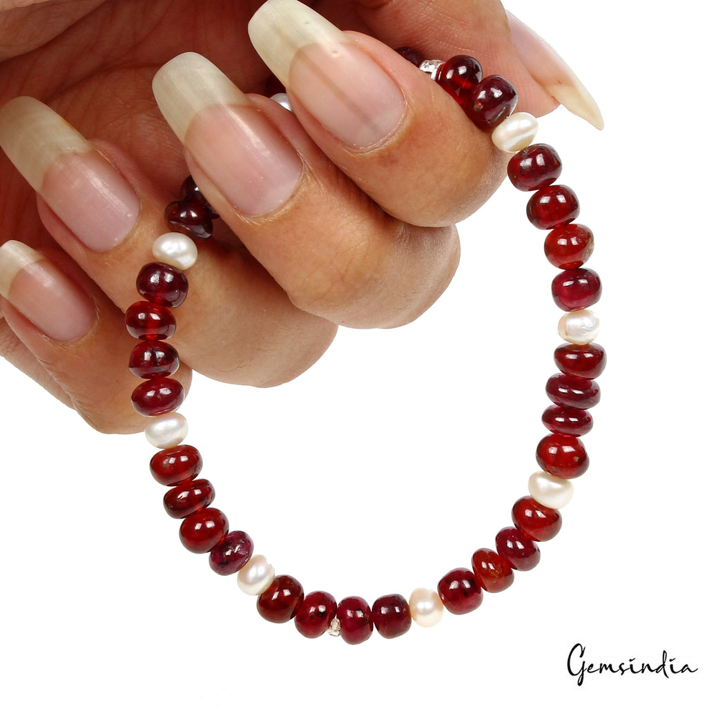 Natural Hessonite Garnet & Pearl Rondelle Beads Stretchable Bracelet Jewelry6.5"