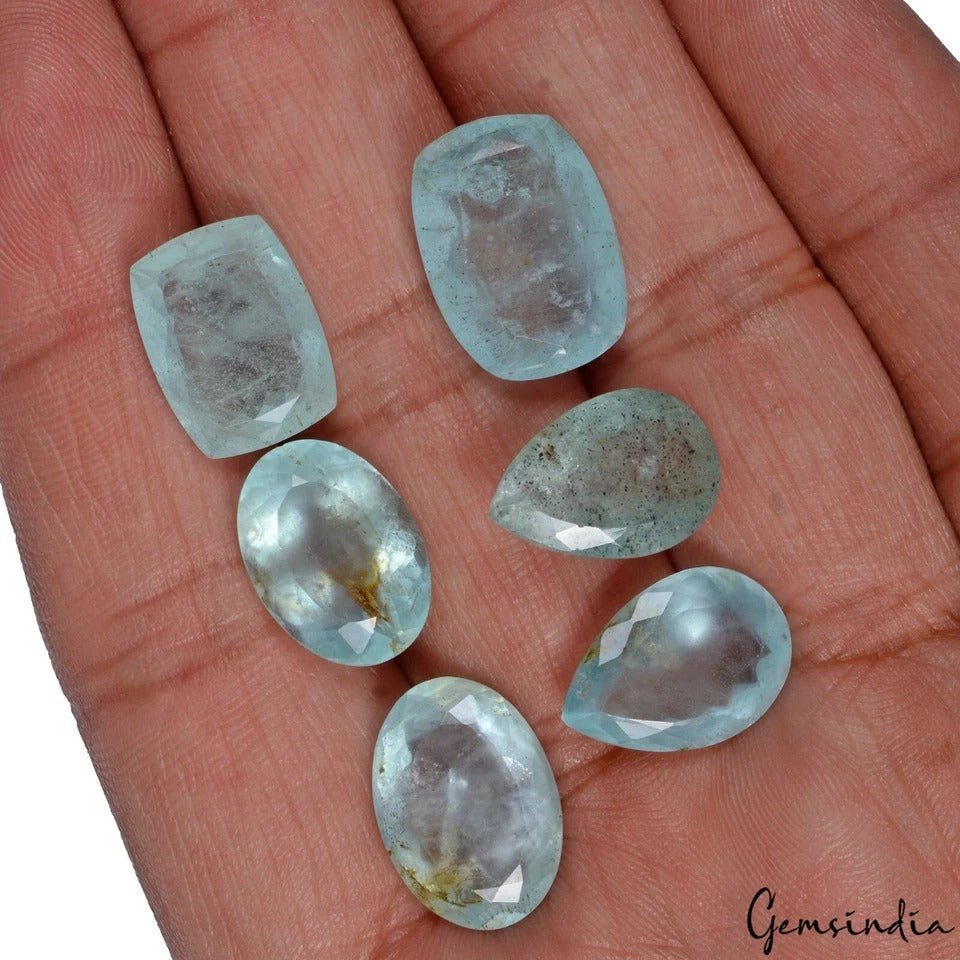 43.30 Ct Natural Blue Aquamarine 15-16mm Mix Cut Faceted Loose Gemstone Lot 6 Pc