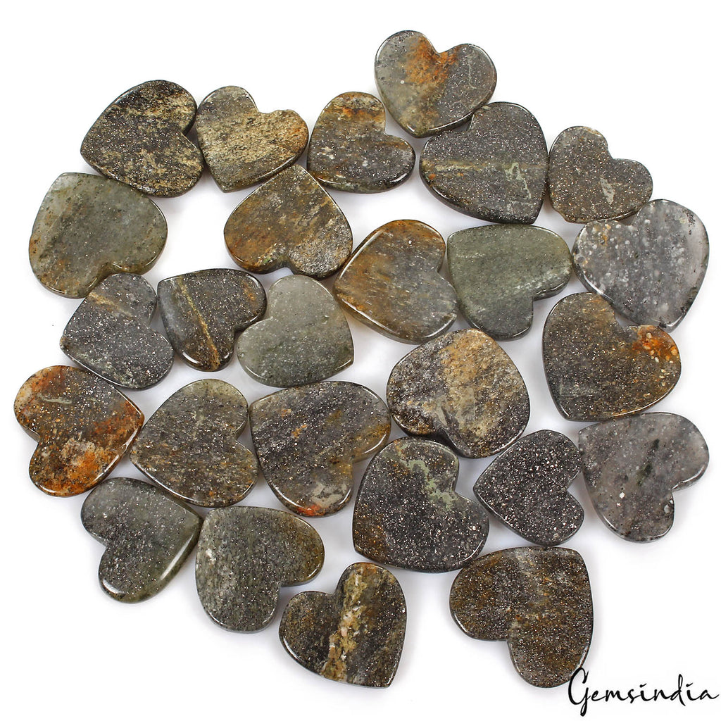 1200 Cts/26Pcs Natural Black Glittering Shine Sunstone Heart Cab Wholesale Gems