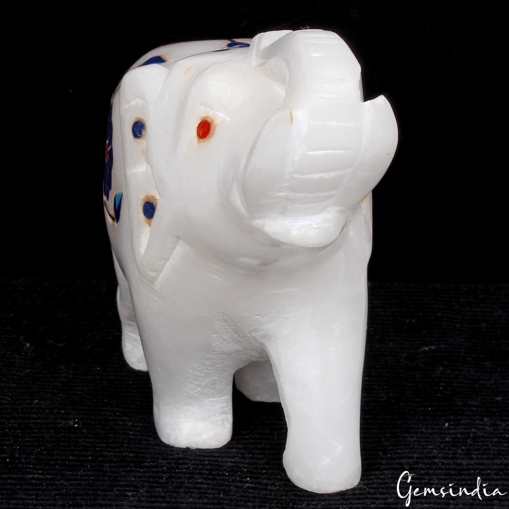 1290 Ct Handcrafted White Marble Elephant with Beautiful Inlay Design Home Decor