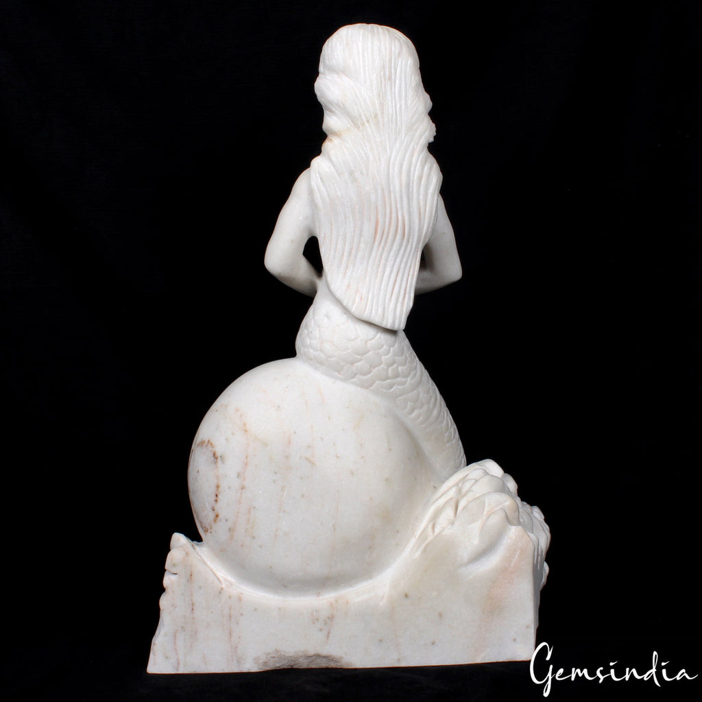 18" Tal Beautiful Mermaid Sitting on Rock Statue Sculpture Figurine White Marble
