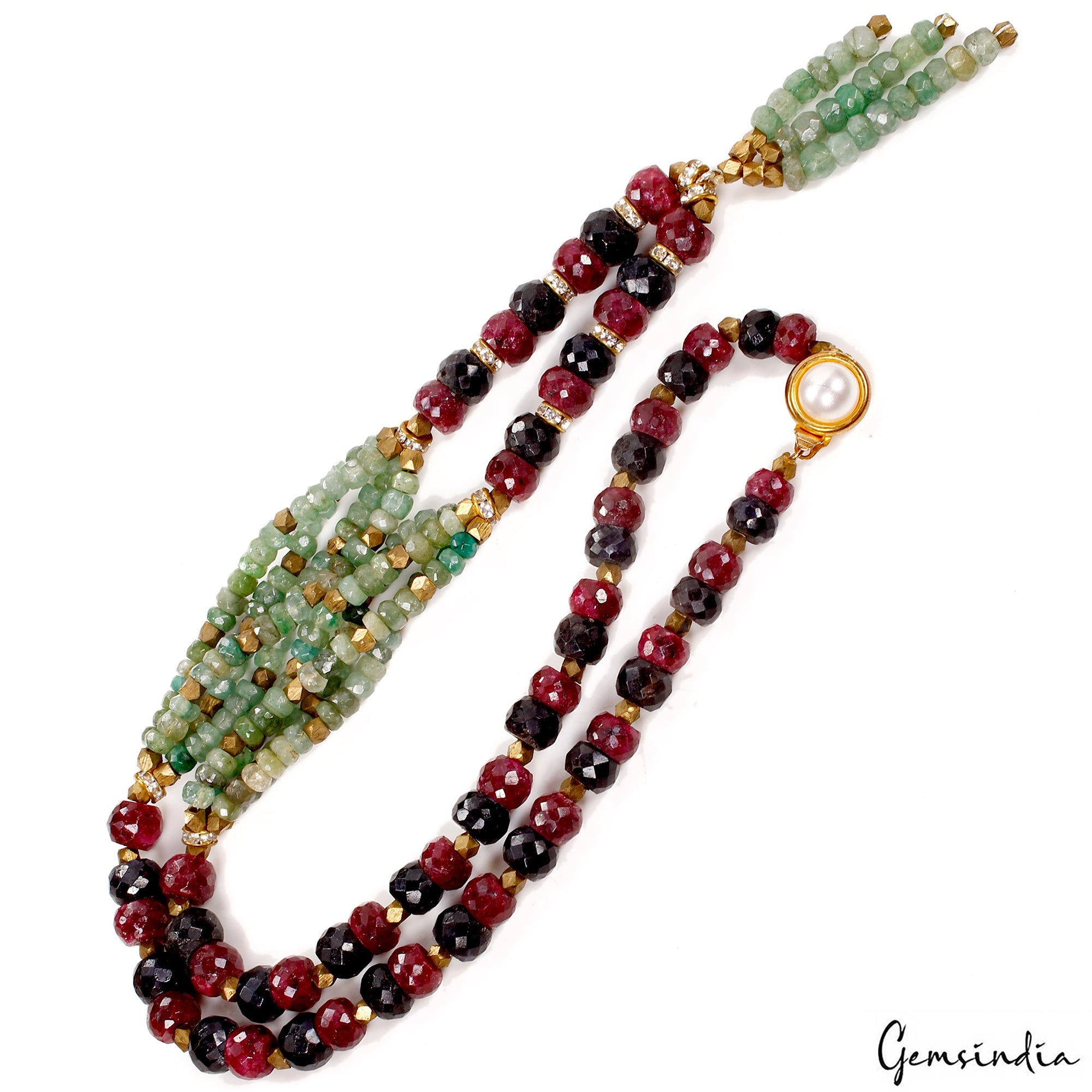 Handmade 22" Long Natural Sapphire Ruby Emerald Round Beads Necklace 355 Cts