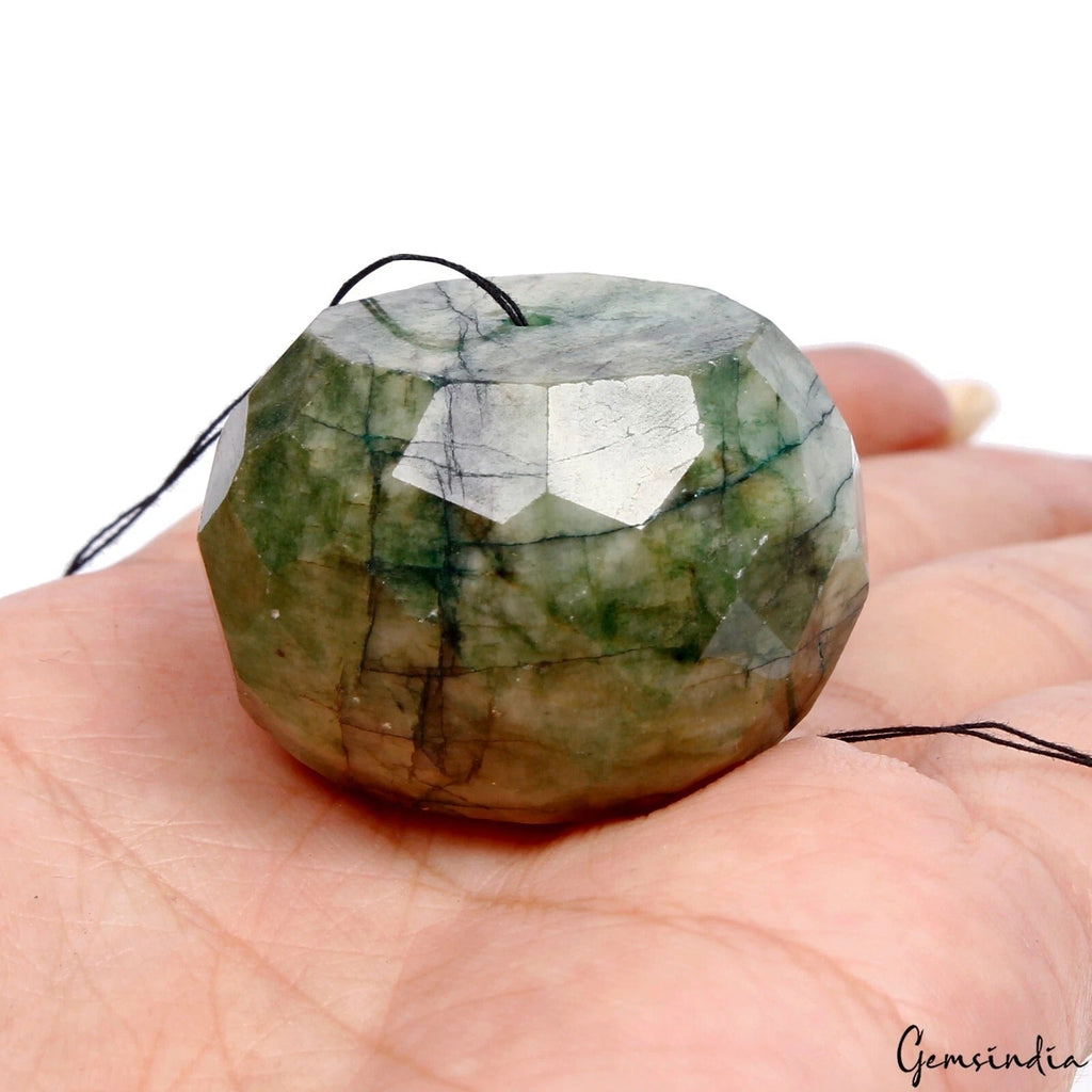 197 Ct Natural Green Emerald Round Faceted 32mm Drilled Huge Size Bead Gemstone