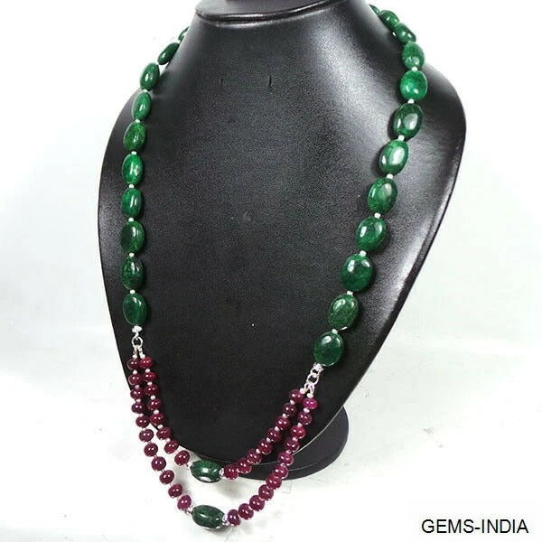 540 Ct Natural Red Ruby Green Emerald Mix Gems Beaded Handmade Long Necklace 26"