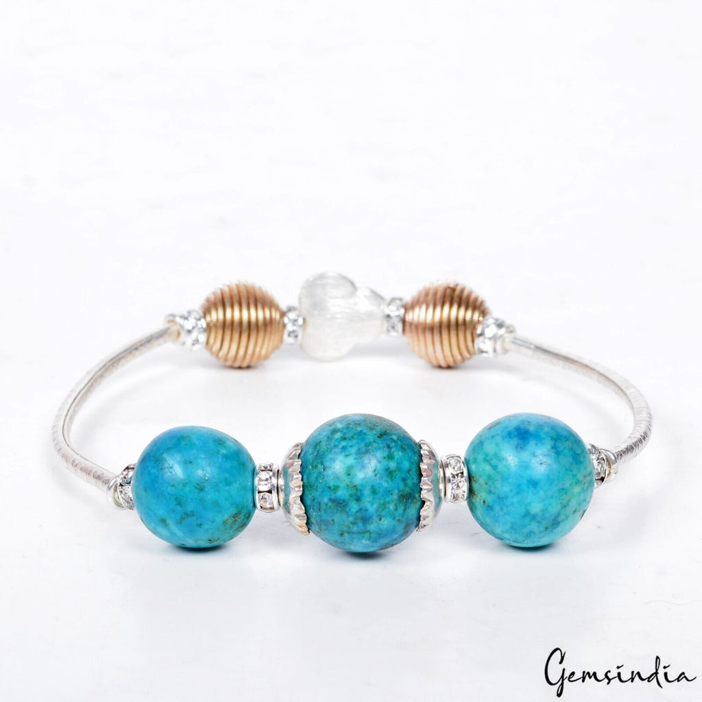 Turquoise Stone & Silver Accessories Bracelet Elastic Stretch Beads Bracelet 7"