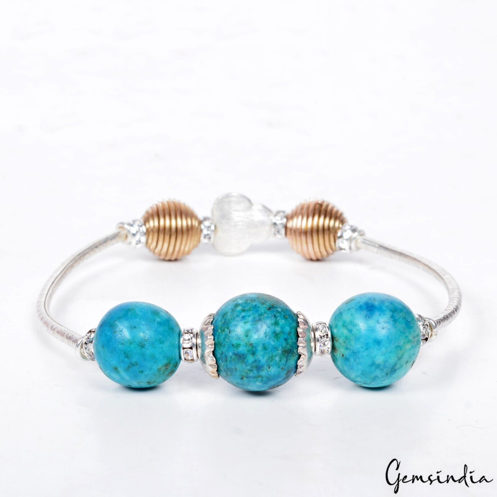 Turquoise Stone & Silver Accessories Bracelet Elastic Stretch Beads Bracelet 7"