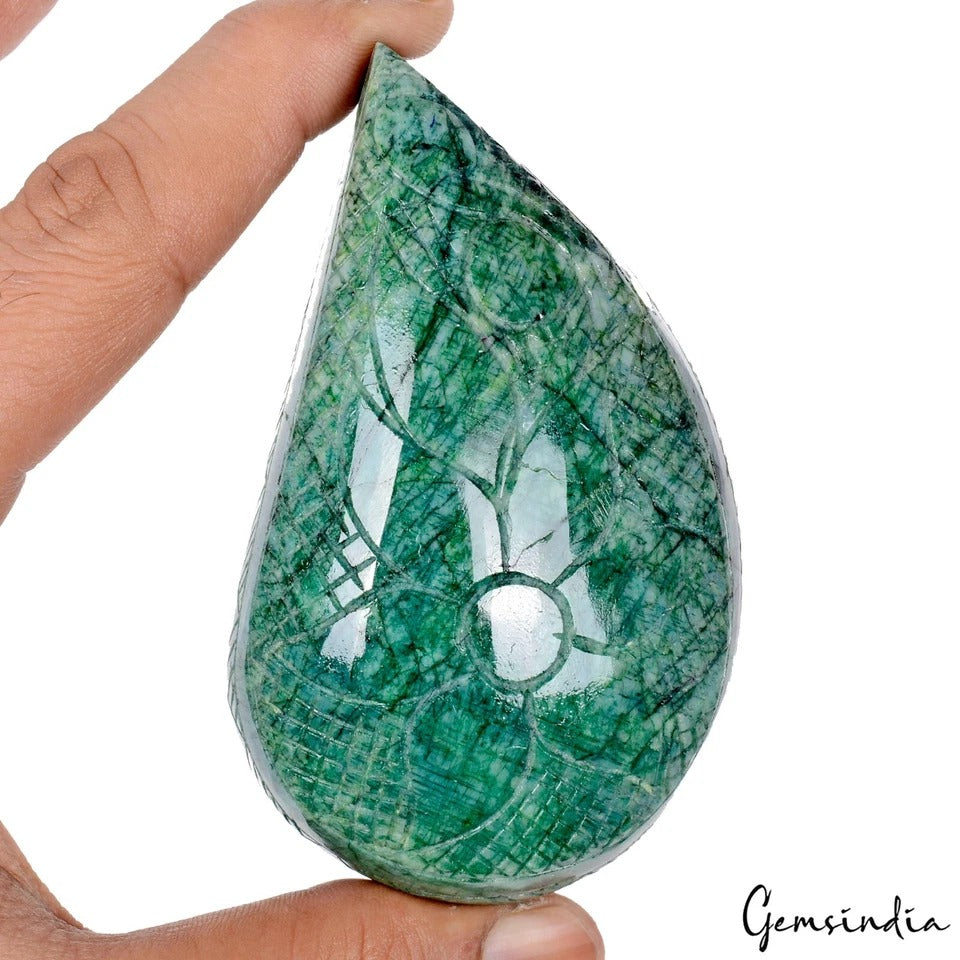 Certified 1785 Ct Natural Brazilian Green Emerald Pear Leaf Design Carving Gem