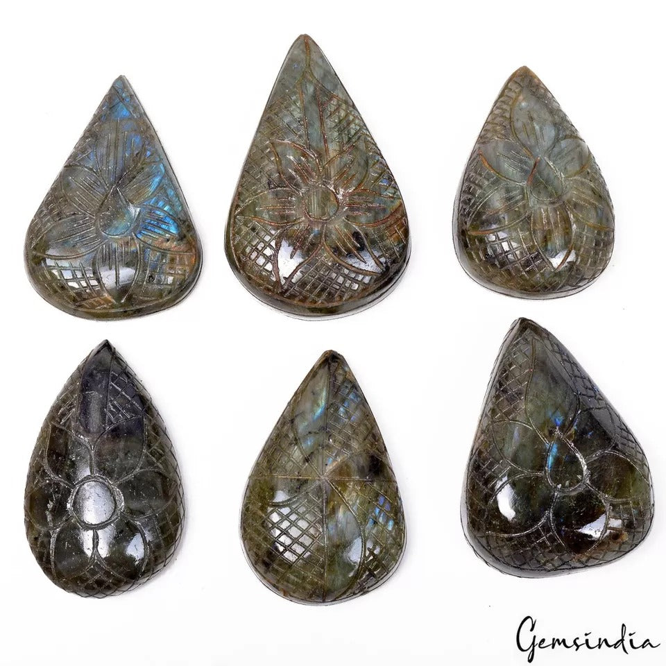 6 Pcs Natural Labradorite 63mm-76mm Hand Carving Flashy Untreated Gemstones Lot