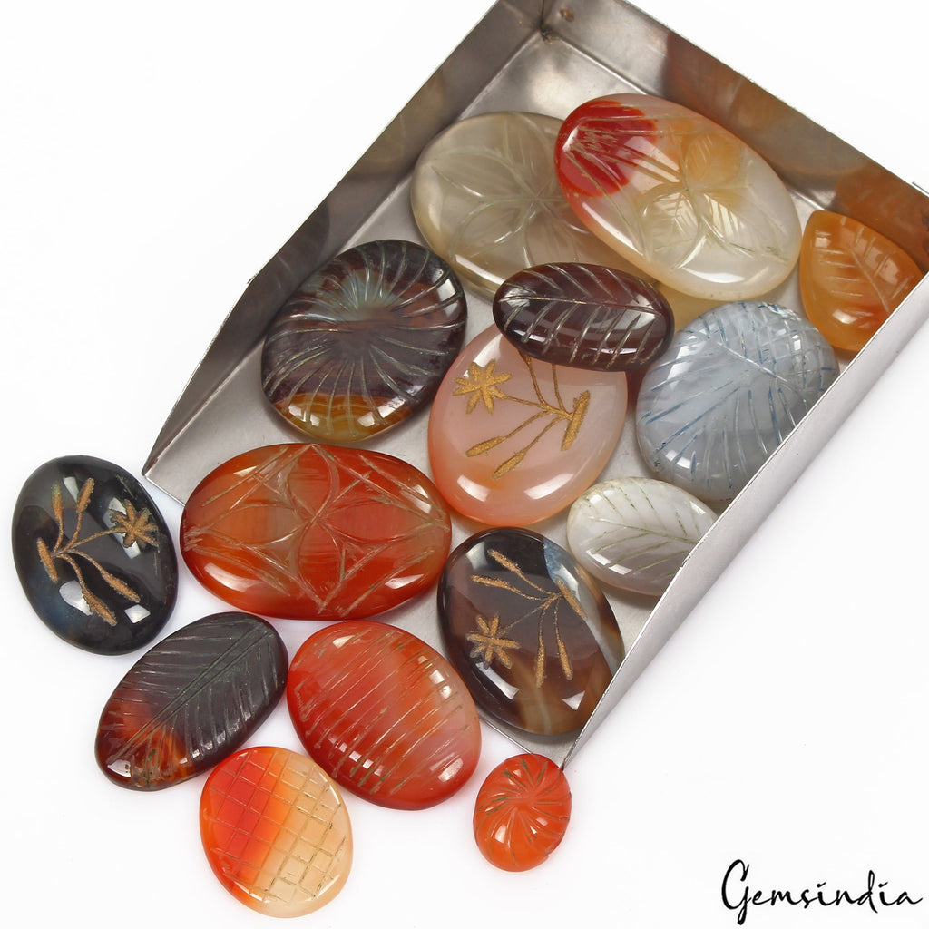 930 Cts/15 Pcs Natural Untreated Multi-Color Onyx Carving Loose Gems For Pendant
