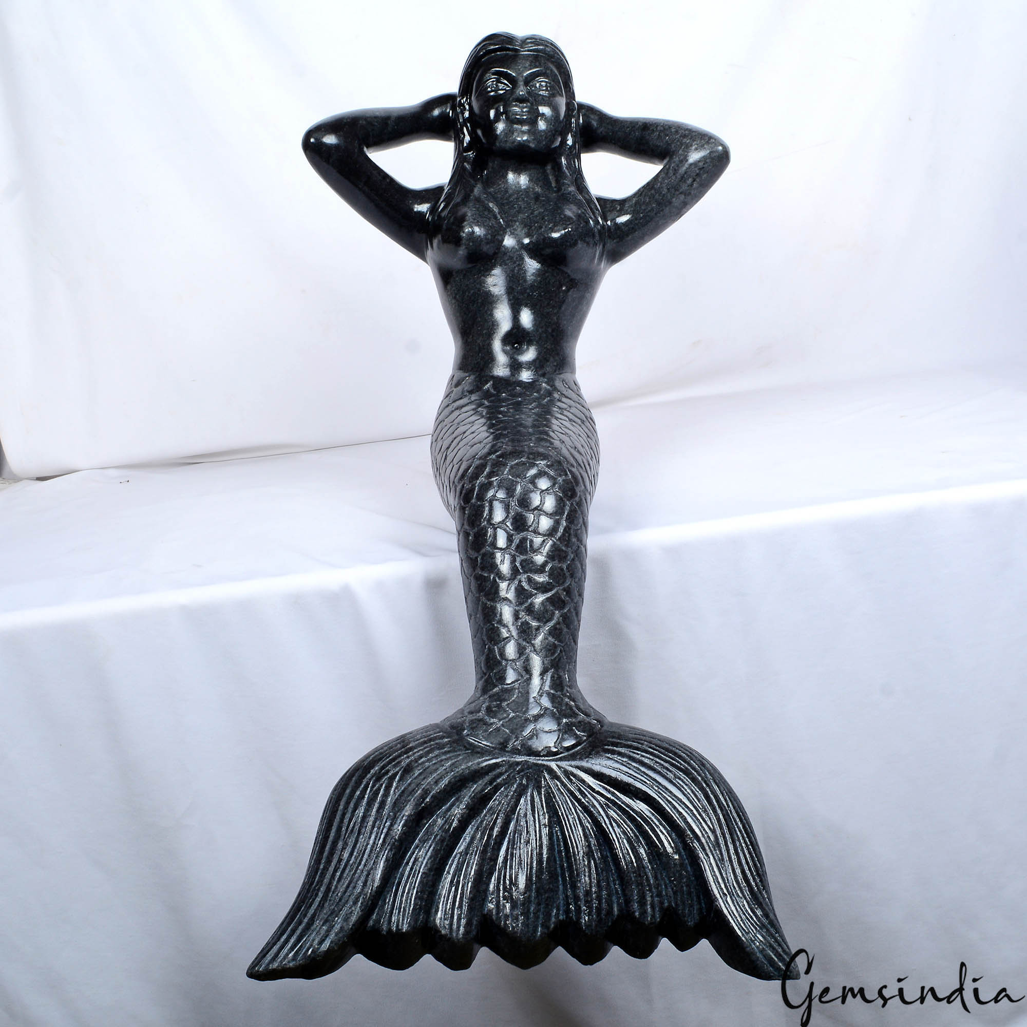 26 Inch Large Black Marble Mermaid Hand Carved Sitting Ocean Statue 14.8 kilo