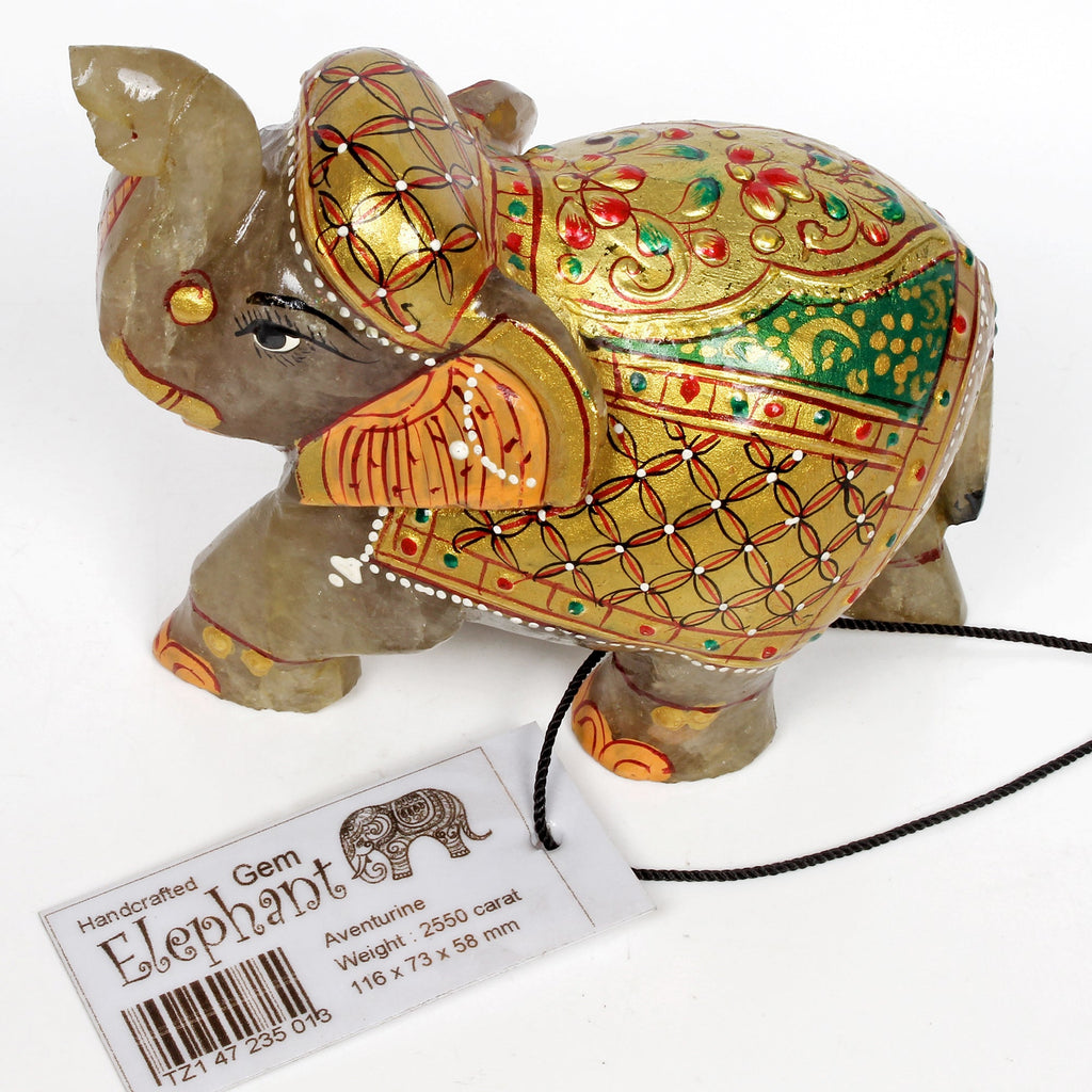 2550 Cts Natural Aventurine Gemstone Hand Crafted Gold Painted Elephant Statue