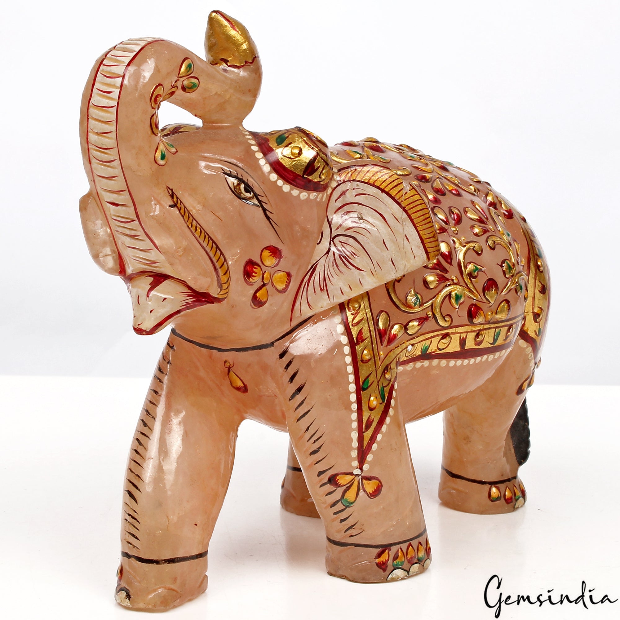 3940 Cts Rose Quartz Elephant Home Decor Gold Paint Animal Handmade Sculpture ~