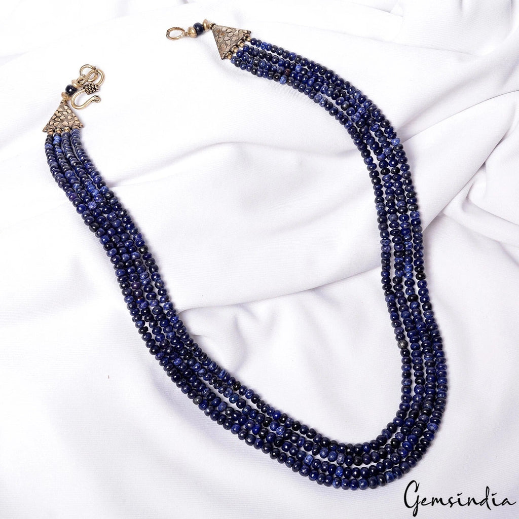 Natural Blue Sapphire Round Cabochon Gem Beaded 4 Lines Handmade Necklace~21"