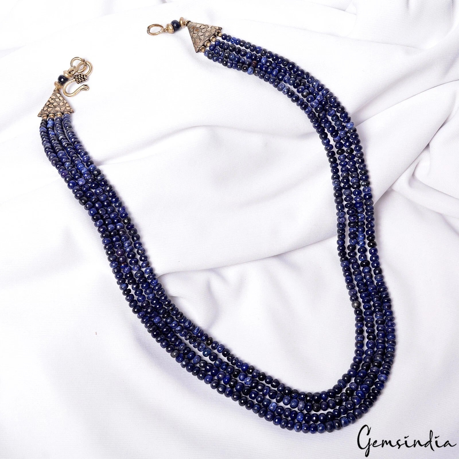 Natural Blue Sapphire Round Cabochon Gem Beaded 4 Lines Handmade Necklace~21"