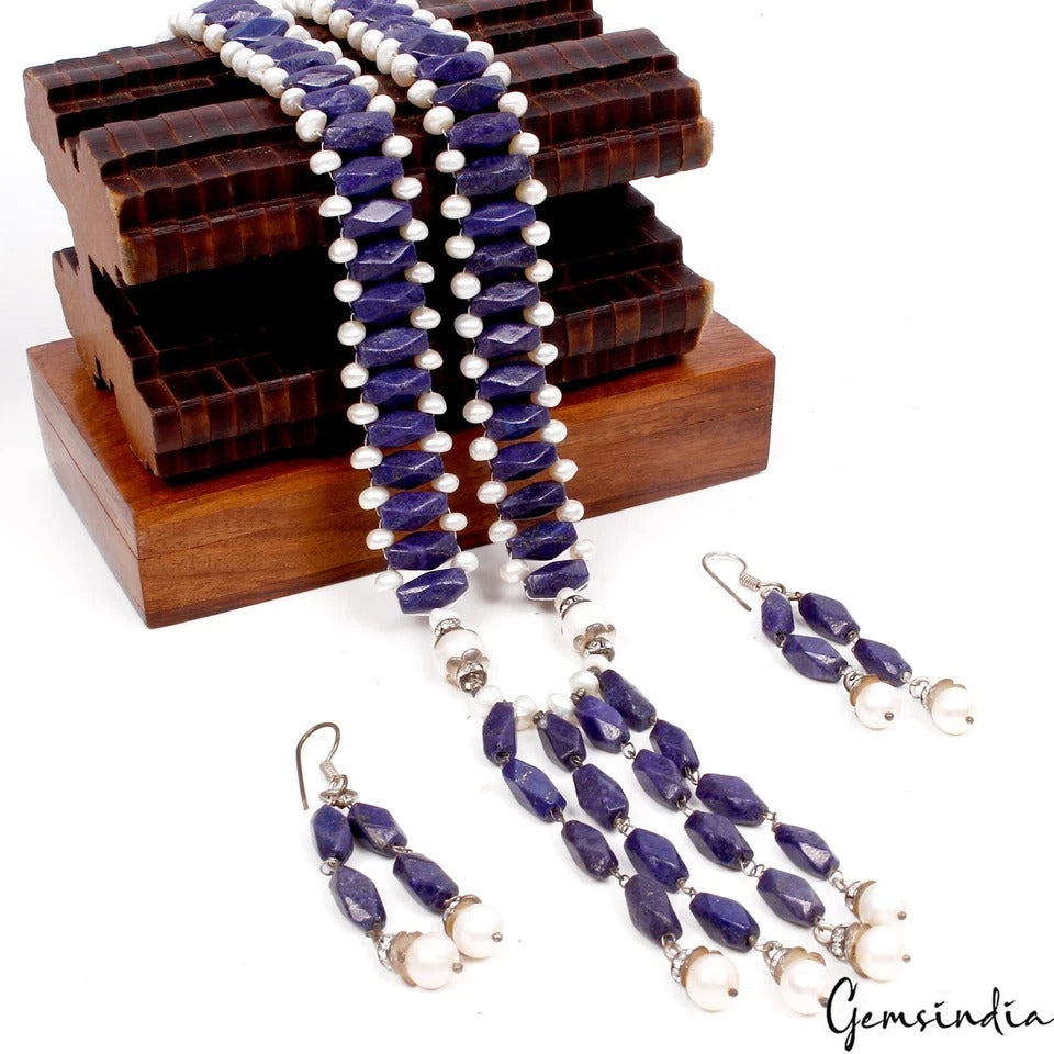 485 Ct Lapis Lazuli & Freshwater Pearl Beaded Handmade 25" Necklace w/ Earrings